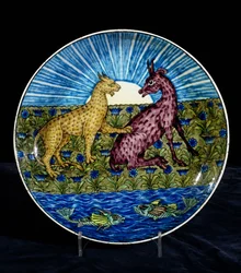Charger with a leopard and a deer on the bank of a river